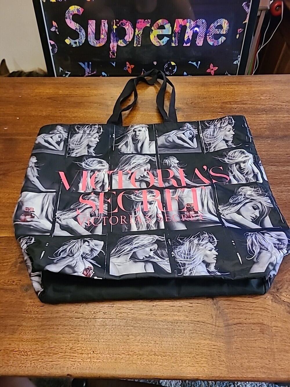 VICTORIA'S SECRET White Black Graphic Tote Duffle Bag Overnight Weekender